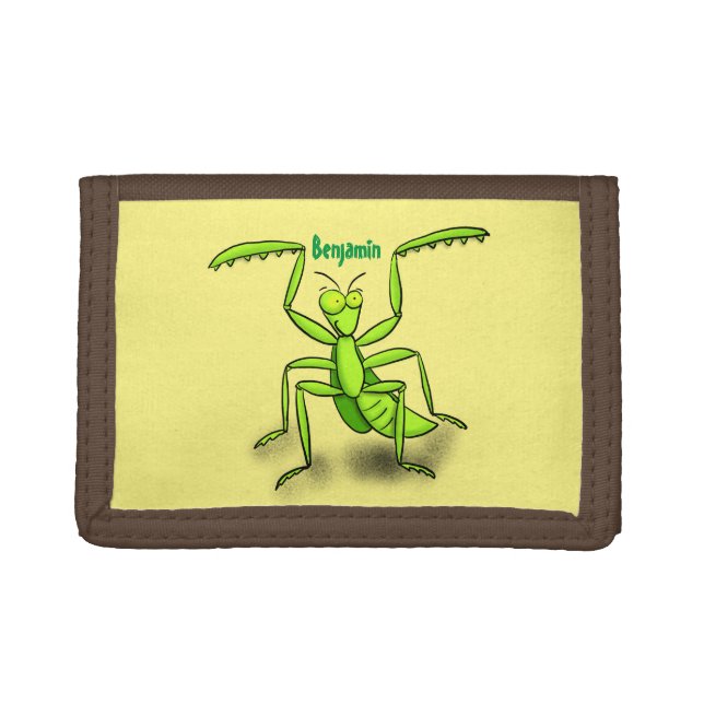 Funny green praying mantis cartoon illustration trifold wallet (Front)