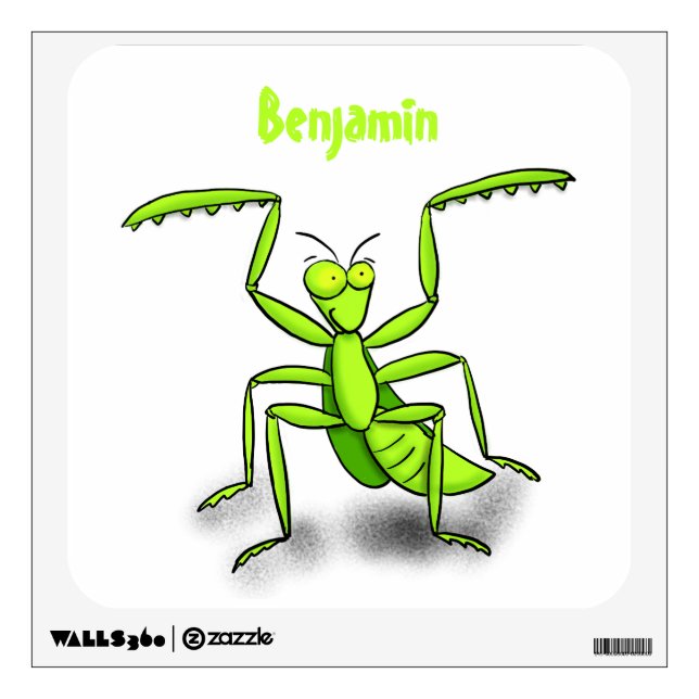Funny green praying mantis cartoon illustration wall decal (Front)