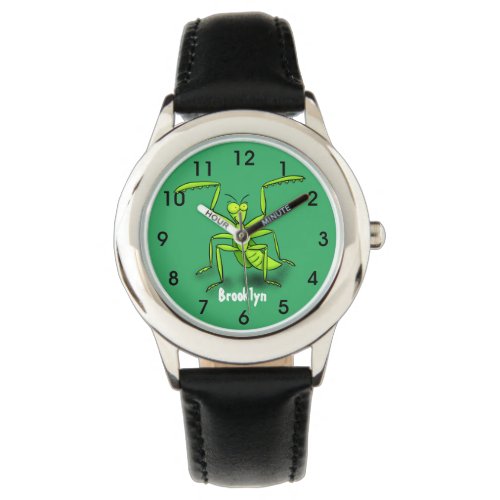 Funny green praying mantis cartoon illustration watch