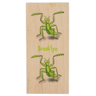 Funny green praying mantis cartoon illustration wood flash drive