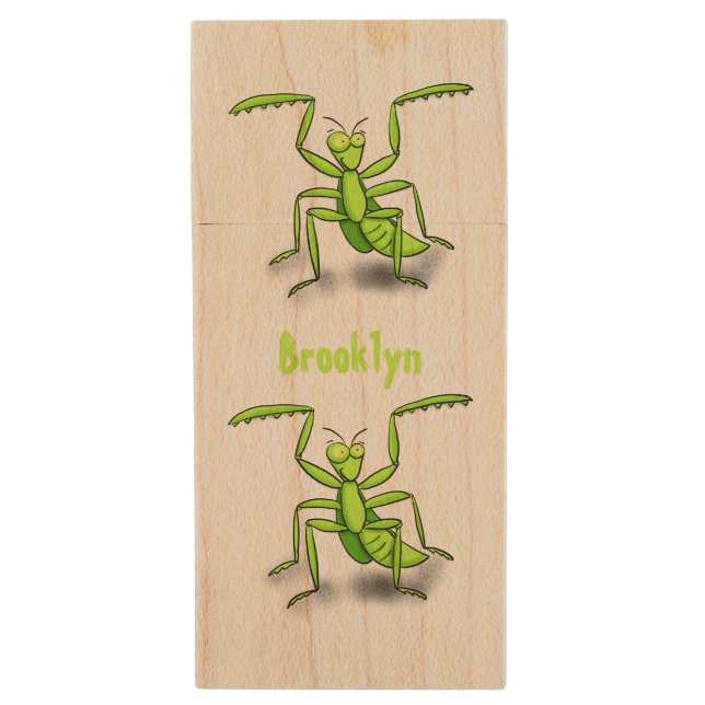Funny green praying mantis cartoon illustration wood flash drive (Front Vertical)