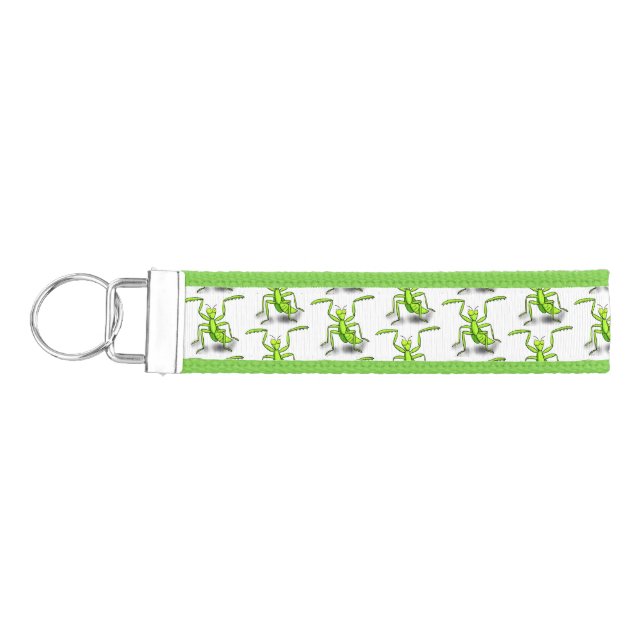 Funny green praying mantis cartoon illustration wrist keychain (Keys on Left)