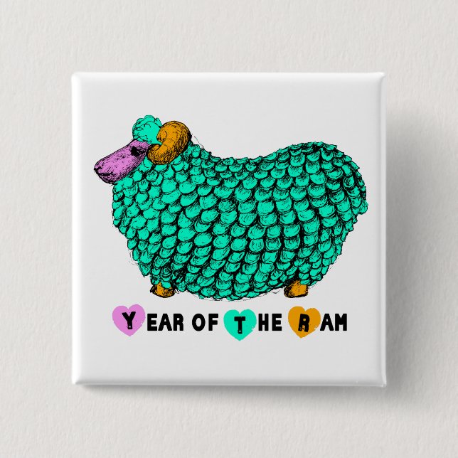 Funny Green Ram Chinese Year Zodiac Square B Pinback Button (Front)