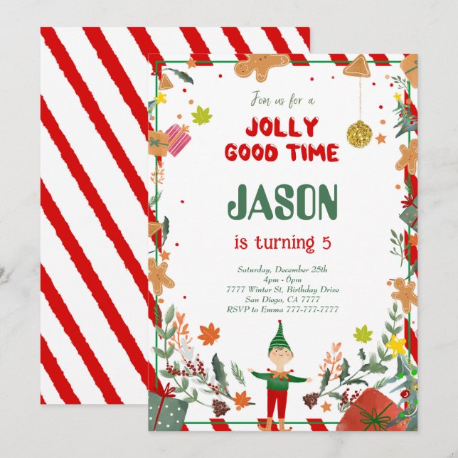 Funny Green & Red Elf Birthday Party Invitation (Front/Back)