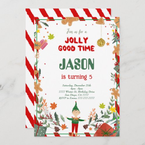 Funny Green  Red Elf Birthday Party Invitation