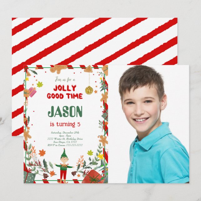 Funny Green & Red Elf Birthday Party Photo Invitation (Front/Back)