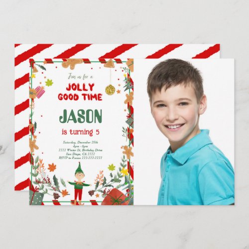 Funny Green  Red Elf Birthday Party Photo Invitation