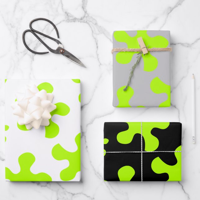 Funny green slime black white grey kids birthday  wrapping paper sheets (Front)
