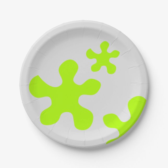 Funny green slime grey kids party paper plates (Front)