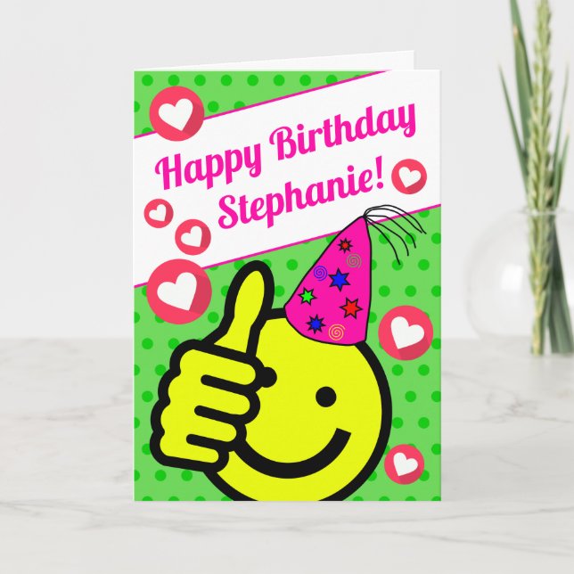 Funny Green Smile Face Your Name Happy Birthday Card (Front)
