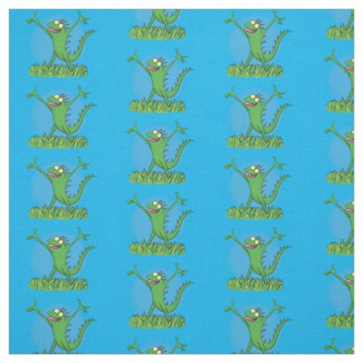 Funny green smiling animated iguana fabric