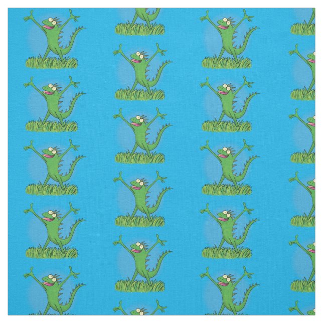 Funny green smiling animated iguana fabric (Swatch)