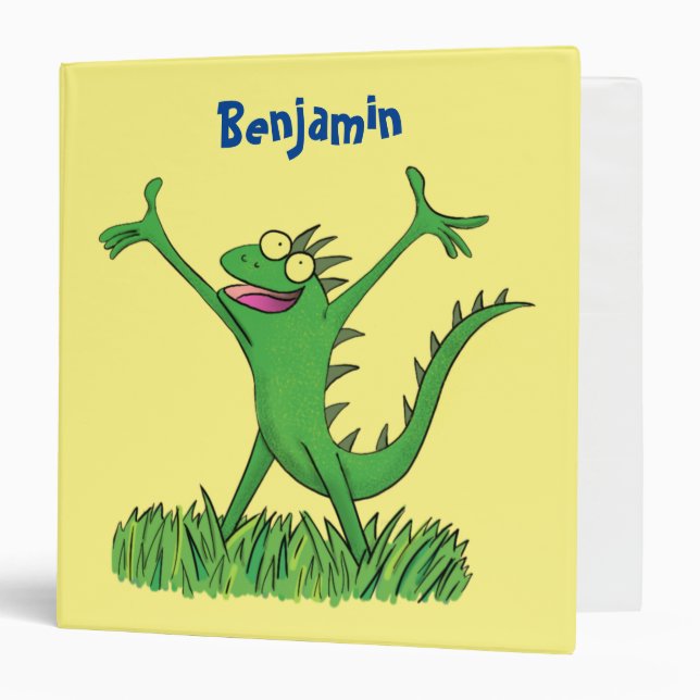 Funny green smiling animated iguana lizard  3 ring binder (Front/Inside)