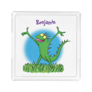 Funny green smiling animated iguana lizard acrylic tray