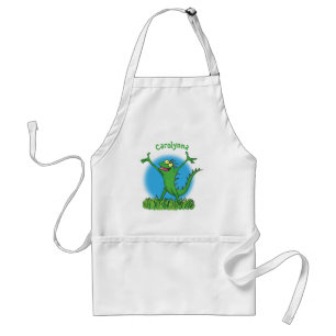 Funny green smiling animated iguana lizard adult apron