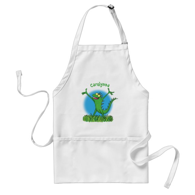 Funny green smiling animated iguana lizard  adult apron (Front)