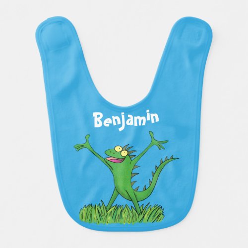 Funny green smiling animated iguana lizard baby bib