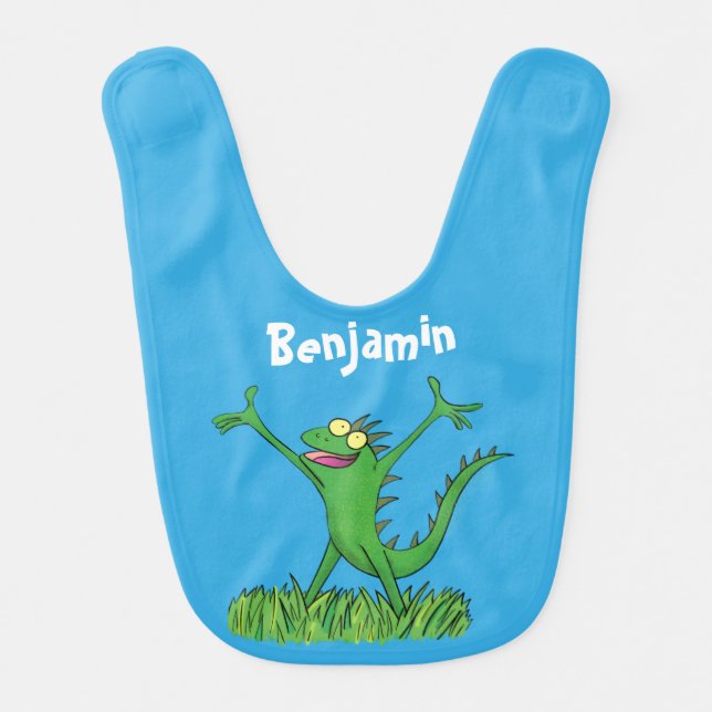 Funny green smiling animated iguana lizard baby bib (Front)