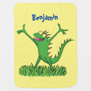 Funny green smiling animated iguana lizard baby blanket