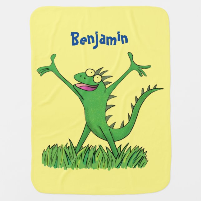 Funny green smiling animated iguana lizard  baby blanket (Front)