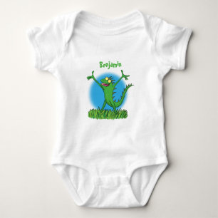 Funny green smiling animated iguana lizard baby bodysuit