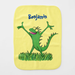 Funny green smiling animated iguana lizard baby burp cloth
