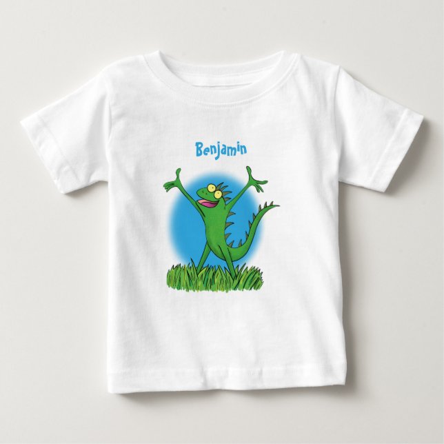 Funny green smiling animated iguana lizard baby T-Shirt (Front)