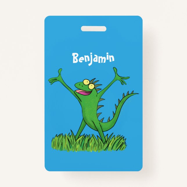 Funny green smiling animated iguana lizard badge (Front)
