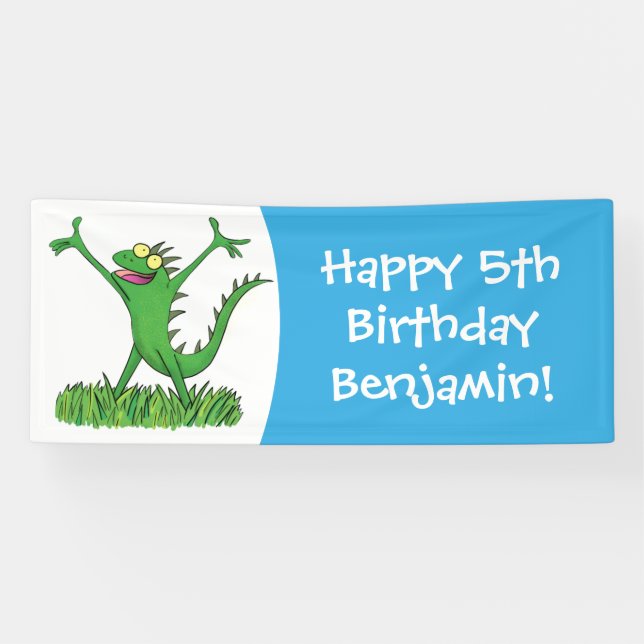 Funny green smiling animated iguana lizard banner (Horizontal)