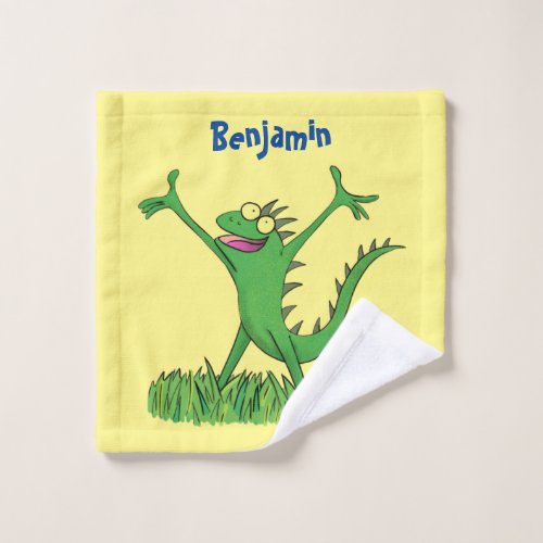 Funny green smiling animated iguana lizard bath towel set