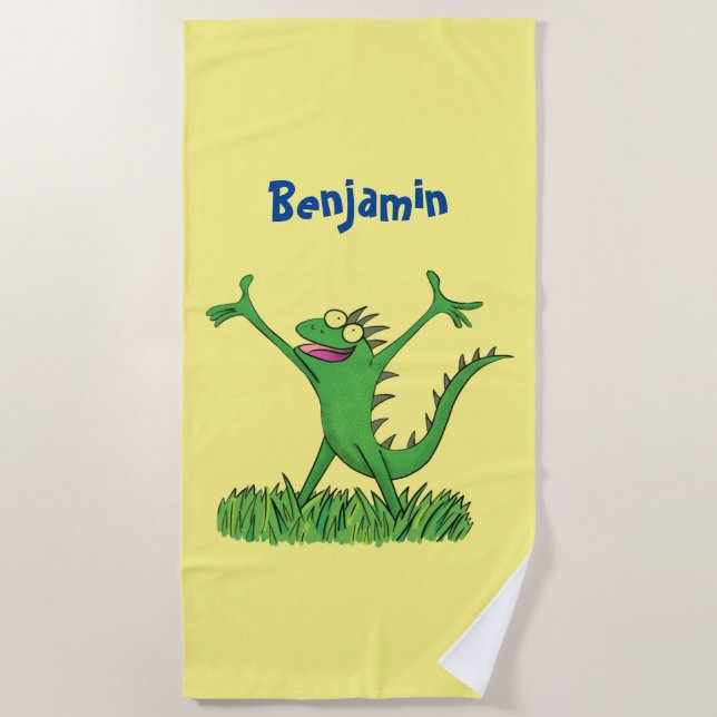Funny green smiling animated iguana lizard  beach towel (Front)