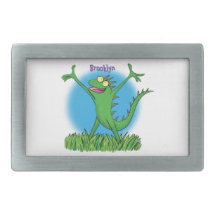 Funny green smiling animated iguana lizard belt buckle