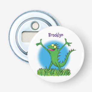 Funny green smiling animated iguana lizard bottle opener