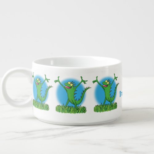 Funny green smiling animated iguana lizard bowl