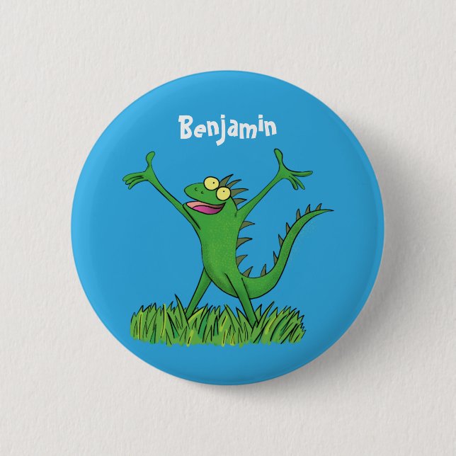 Funny green smiling animated iguana lizard button (Front)