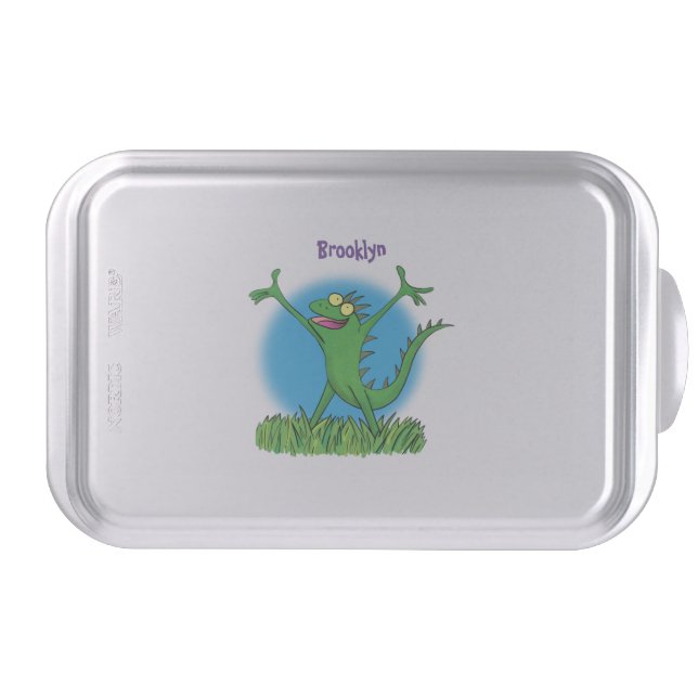 Funny green smiling animated iguana lizard cake pan (Front)