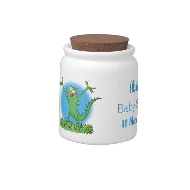 Funny green smiling animated iguana lizard candy jar (Left)