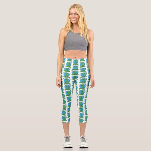 Funny green smiling animated iguana lizard capri leggings