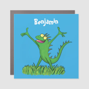 Funny green smiling animated iguana lizard car magnet