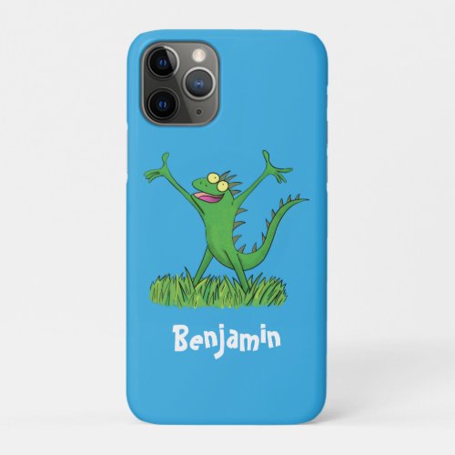 Funny green smiling animated iguana lizard iPhone 11 pro case