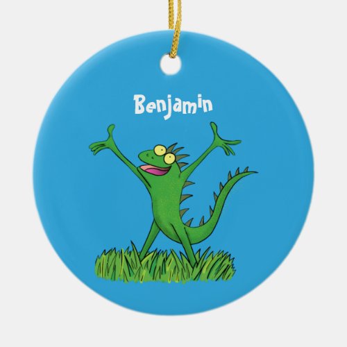 Funny green smiling animated iguana lizard ceramic ornament