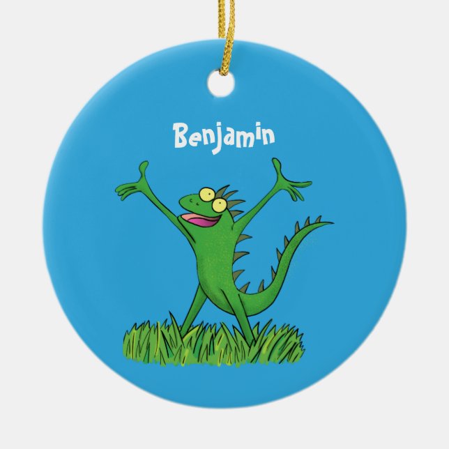 Funny green smiling animated iguana lizard ceramic ornament (Front)