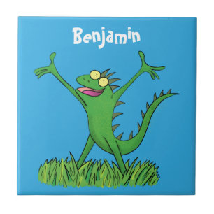 Funny green smiling animated iguana lizard ceramic tile