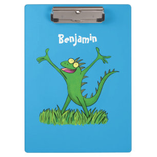 Funny green smiling animated iguana lizard clipboard