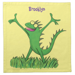 Funny green smiling animated iguana lizard cloth napkin