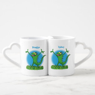 Funny green smiling animated iguana lizard coffee mug set