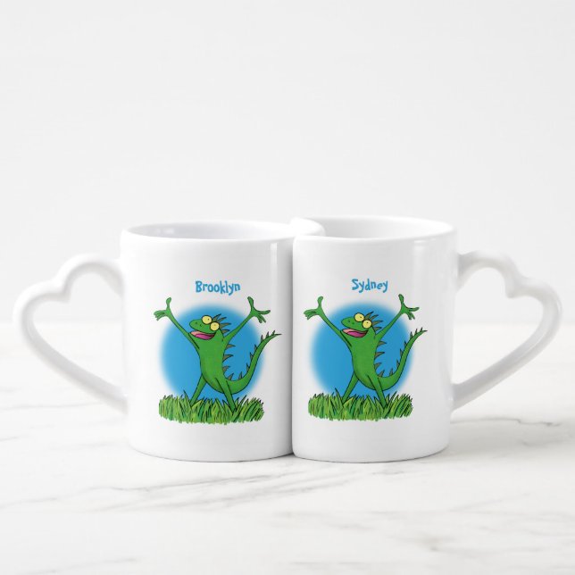 Funny green smiling animated iguana lizard coffee mug set (Front Nesting)