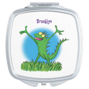 Funny green smiling animated iguana lizard compact mirror