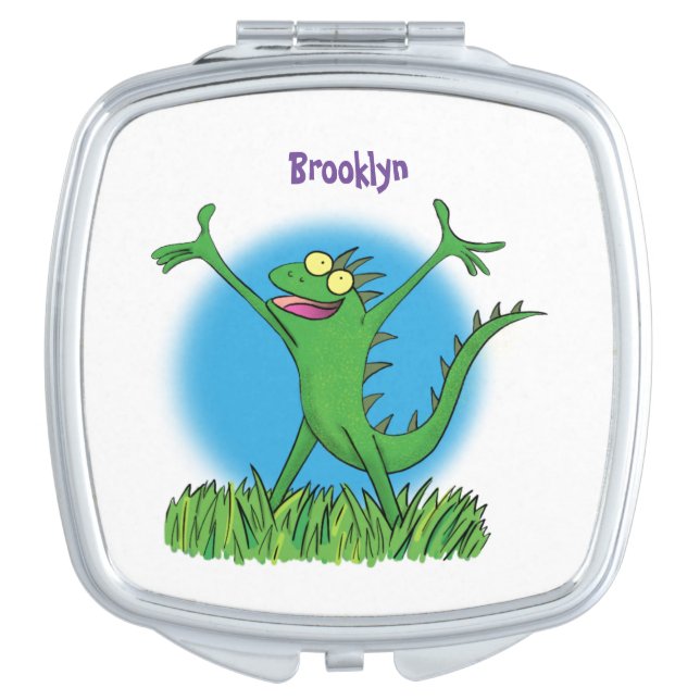 Funny green smiling animated iguana lizard compact mirror (Front)