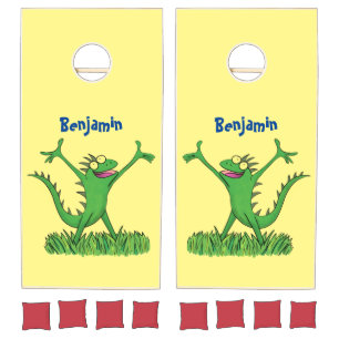 Funny green smiling animated iguana lizard  cornhole set